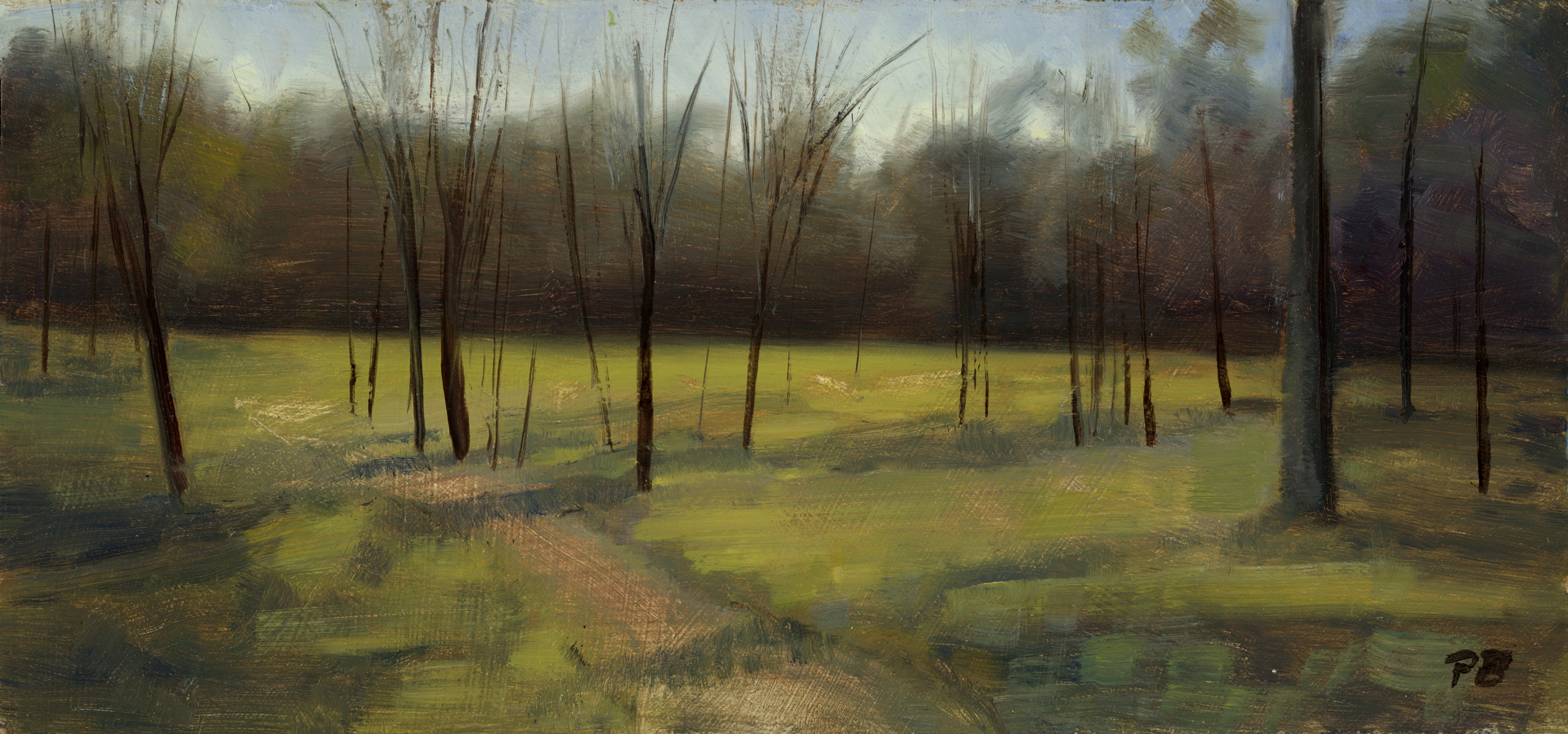 Peter Barker, Peaceful Forest Path, 138 x 295 mm, oil on board